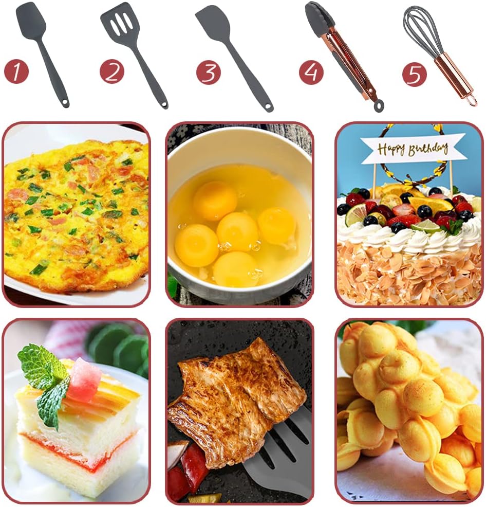 Rose Gold And Grey Mini Kitchen Utensil Small Five-Piece Set Tiny Silicone Kids Kitchen Tools Whisk Spatula Tongs Spoon And Slotted Spatula For Cooking(Kids Baking Supplies) Grey