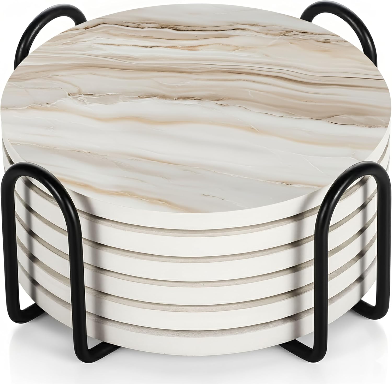 VEYRO Coasters Set of 6 for Drinks – Absorbent Ceramic Stone Drink Coasters with Cork Backing for Coffee Table & Desk, Modern Marble Look Cup Coaster Set, Housewarming Gift for New Home