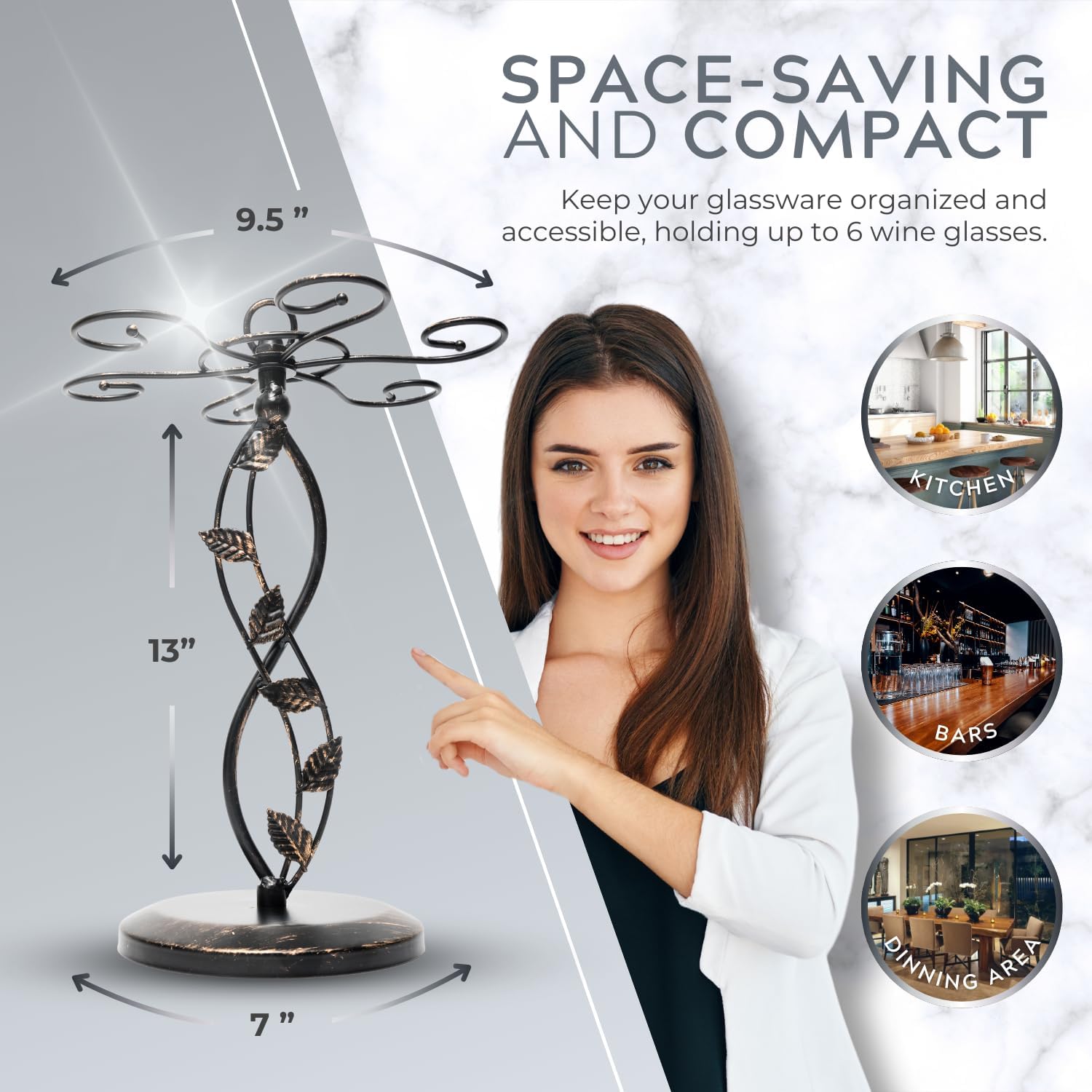 Wine Glass Rack – Elegant and Vintage-Inspired Wine Glass Holder for 6 Tall Glasses – Beautiful Leaf Design Wine Racks Countertop – Durable Metal Wine Glass Storage Rack – 9.5 x 9.5 x 13-inch