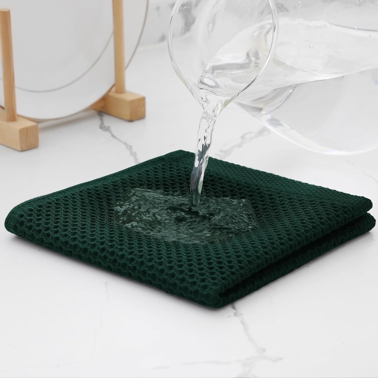 Kitinjoy 100% Cotton Kitchen Dish Cloths, 6 Pack Waffle Weave Ultra Soft Absorbent Dish Towels for Drying Dishes Quick Drying Kitchen Towels Dish Rags, 12 X 12 Inches, Blackish Green