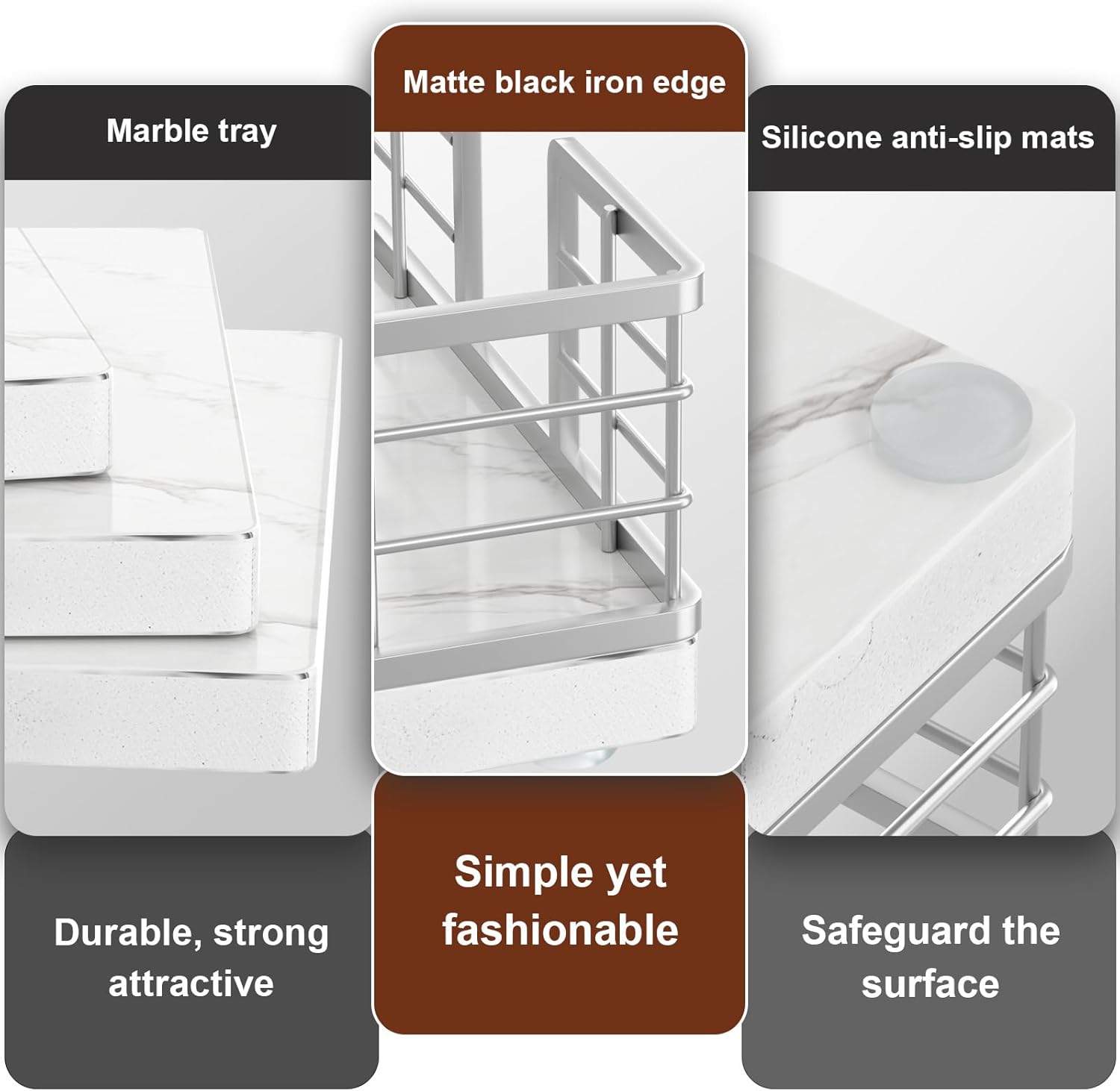 Wican Marble Guest Towel Holder Tray for Bathroom, Napkins Holder for Powder Room Dinning Table Wooden Basket for Disposable Paper Hand Towels Silvery and Marble White