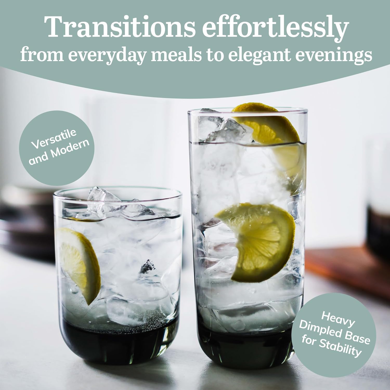 Libbey Polaris Tumbler and Rocks Glass Set, Smoke Hue Drinkware Glasses Set, Lead-Free Tall Water Glasses with Modern Clean Lines, Dishwasher Safe Drinking Glasses Set of 16