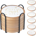 Wood Coasters for Drinks Housewarming Gifts for Home Decoration Absorbent Coasters with Holder for Coffee Tabletop Protection 4.3 Inch White