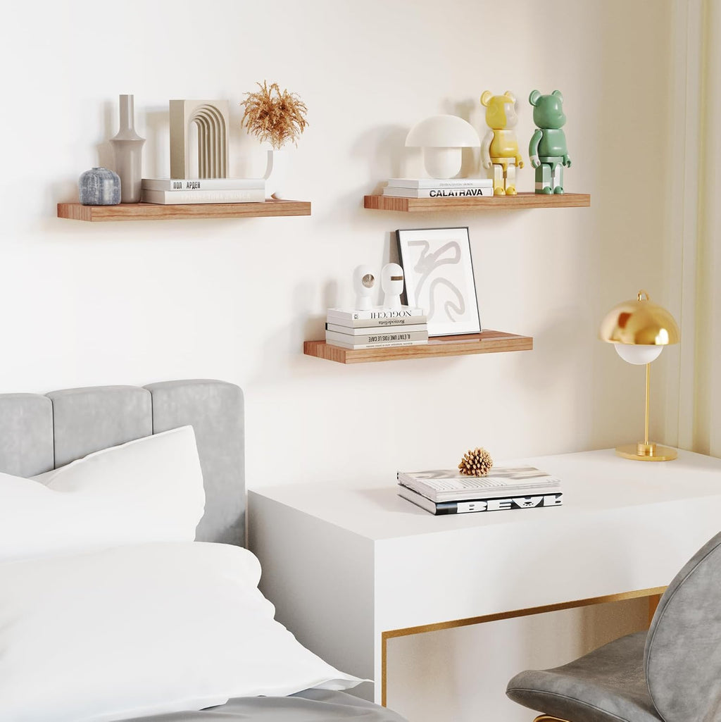 Floating Shelves for Wall, Nature Wood Wall Shelf Set of 3, 16" Wall Mounted Floating Shelf for Kitchen, Living Room, Bedroom, Bathroom Storage, Book Shelf for Wall Home Decor, Frame Display