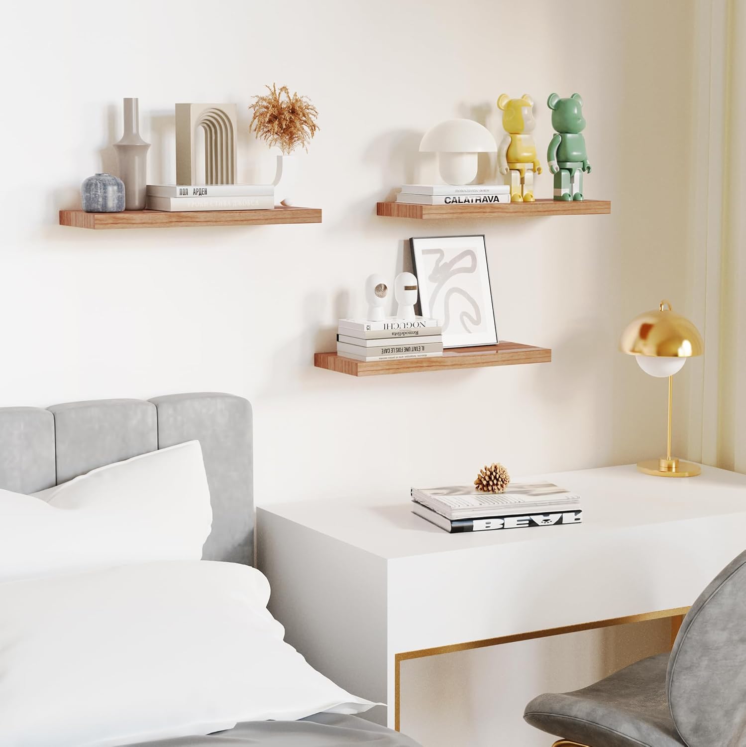 Floating Shelves for Wall, Nature Wood Wall Shelf Set of 3, 16" Wall Mounted Floating Shelf for Kitchen, Living Room, Bedroom, Bathroom Storage, Book Shelf for Wall Home Decor, Frame Display