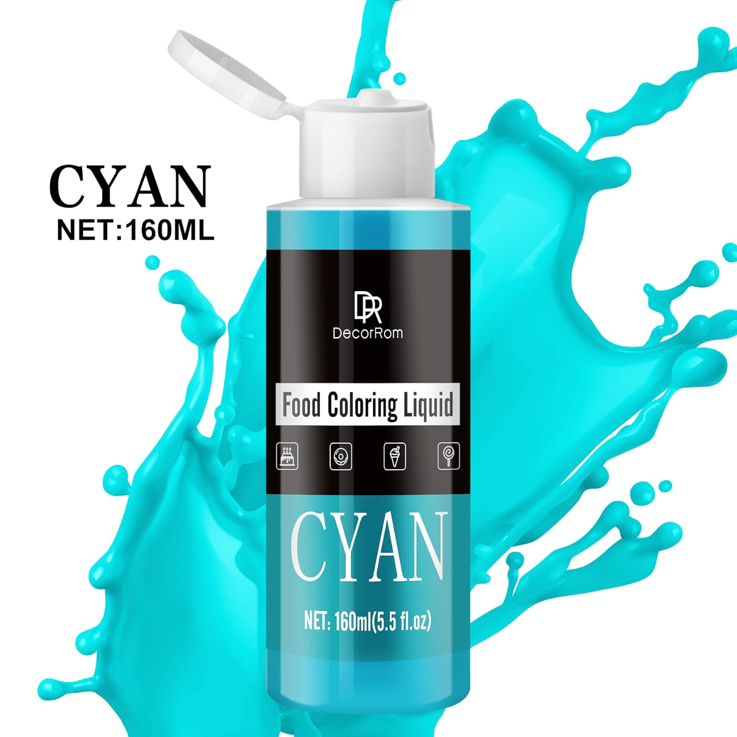 Food Coloring - Vibrant Liquid Icing Food Coloring Set for Baking, Cake Decorating, Easter Egg, Airbrush - Tasteless Food Color Dye for Fondant, Slime, DIY Crafts - 5.5 Fl.oz / 160ml Each (Cyan)