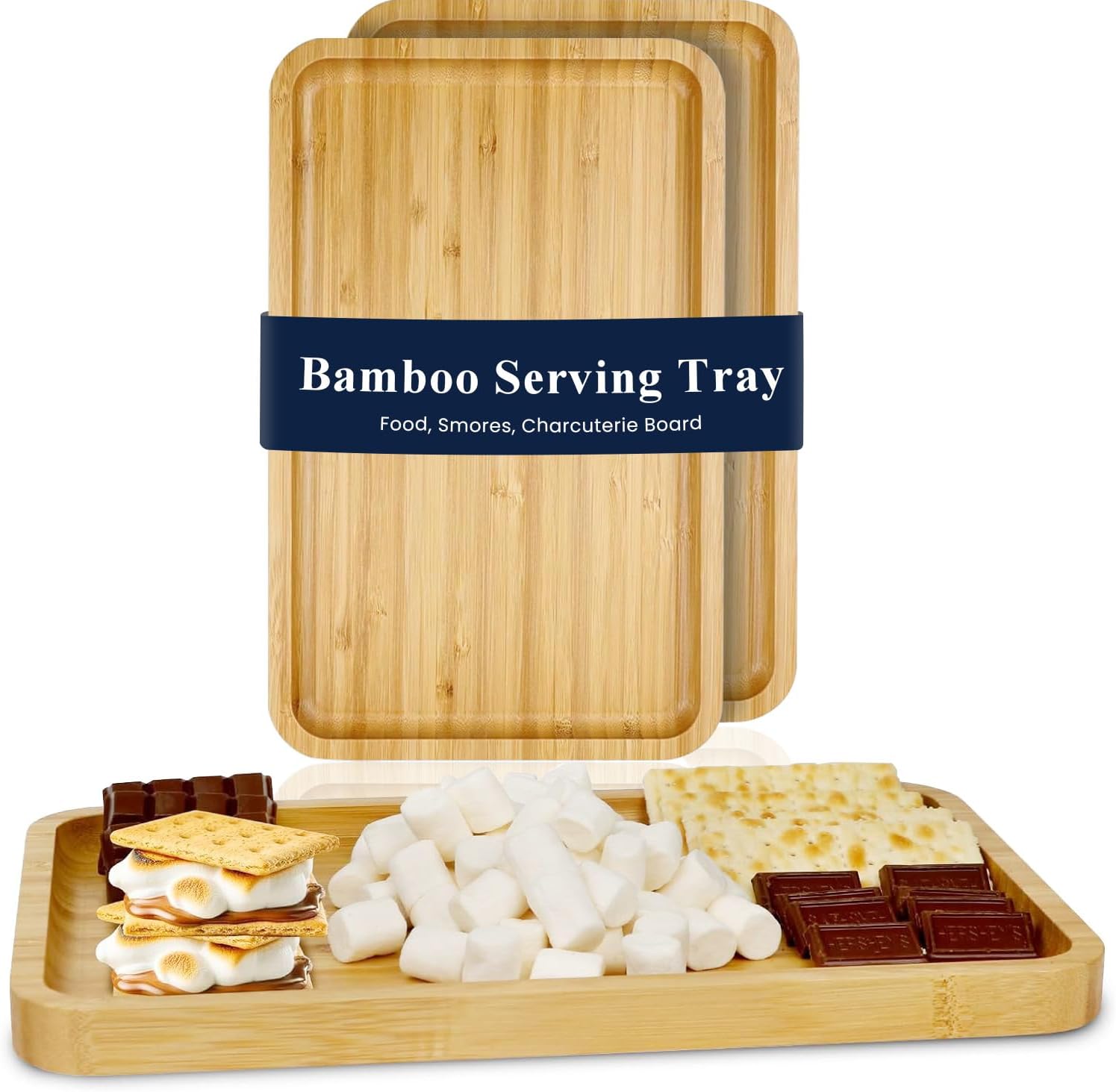 Bamboo Serving Tray 2 Pack – Trays for Serving Food in Bed Couch Kitchen or Patio – Rectangular Wooden Platters for Meals Snacks or Decor – TV Trays Set for Dinner or Party or Tabletop Fire Pit