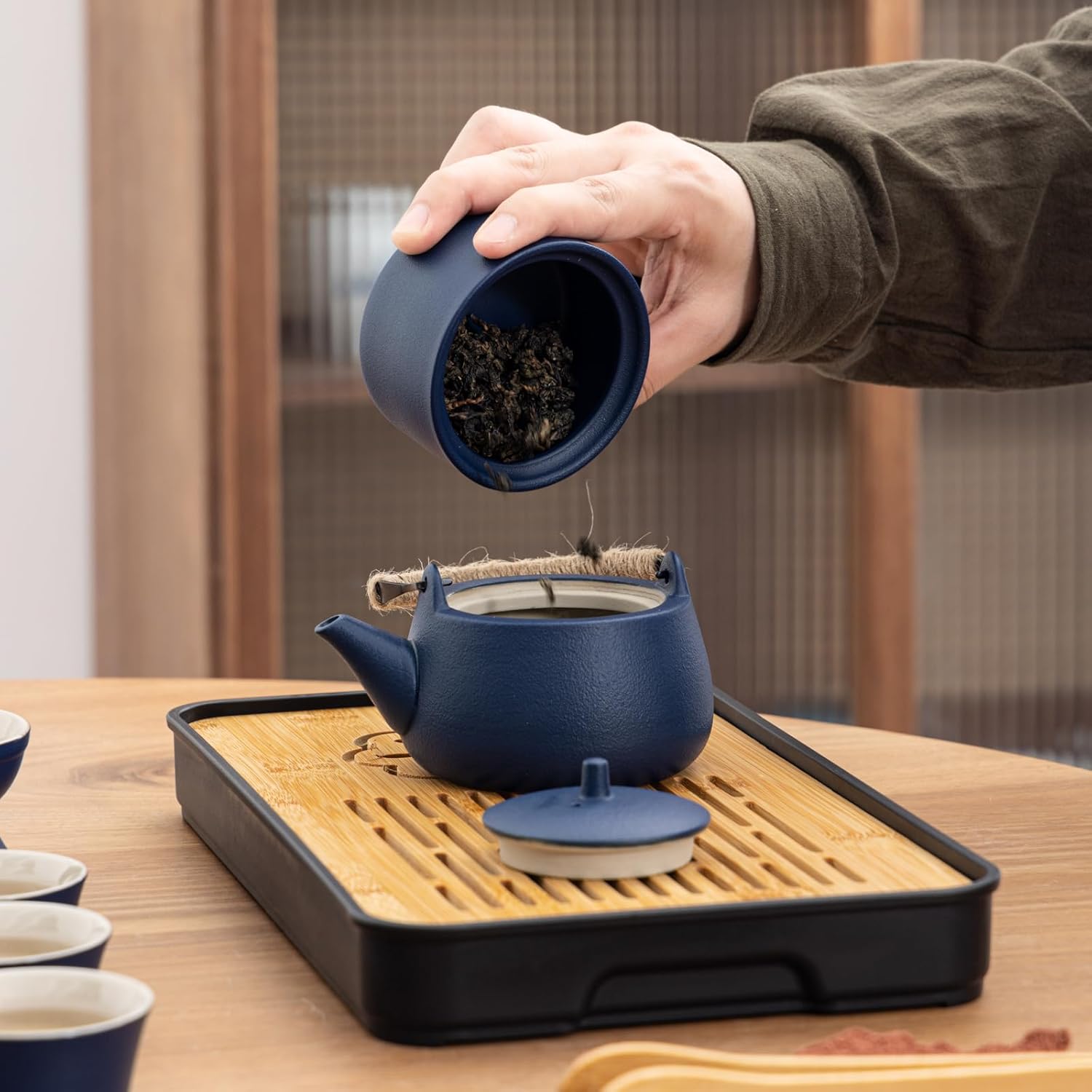 Travel tea set,Portable ceramic tea set,Chinese tea set,Tea sets for adults,Tea pot sets,Portable Travel Bag,Home,Gifting,Outdoor and Office,茶具 (Blue)