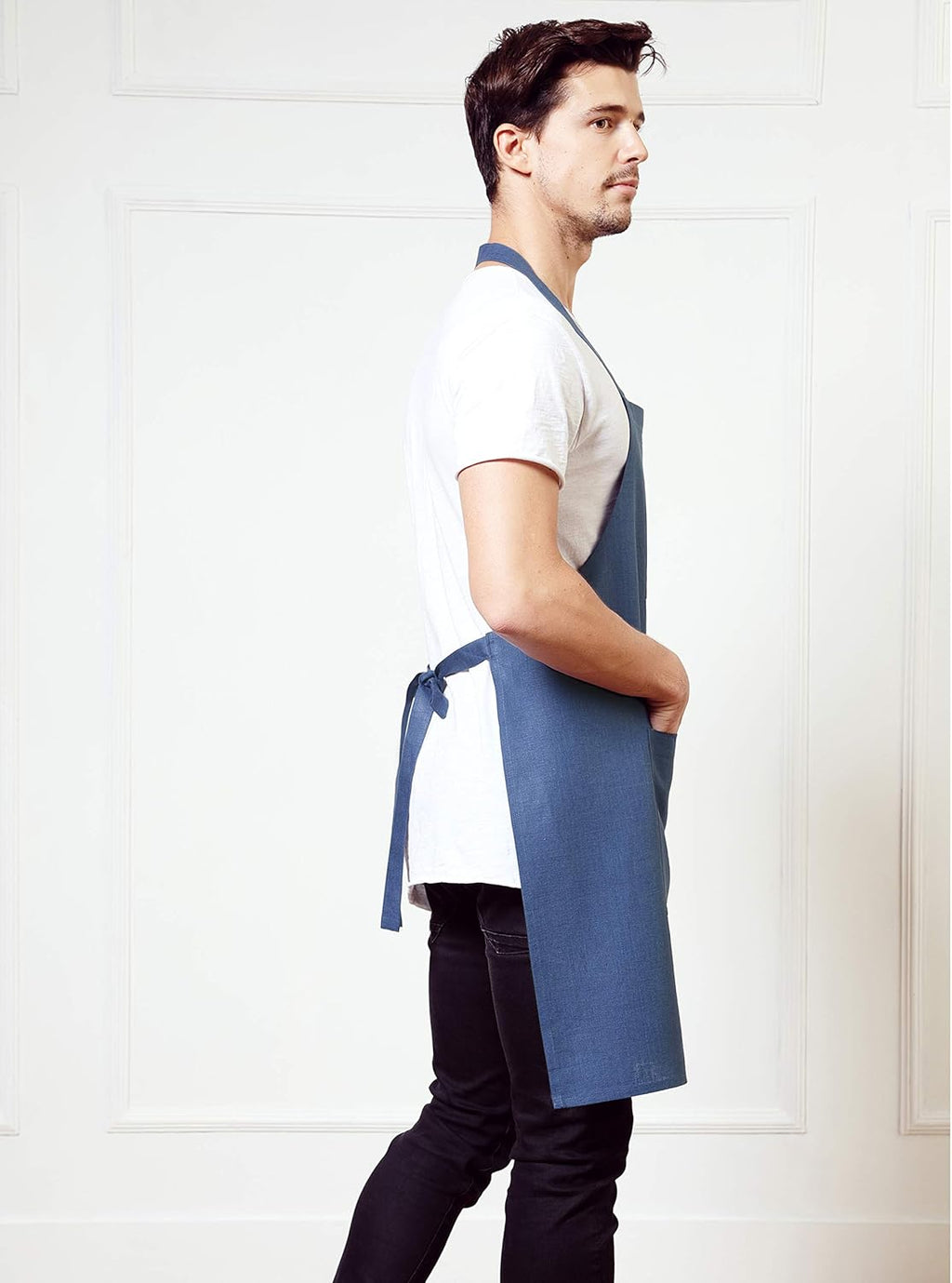 Solino Home Linen Bib Apron for Men & Women - 100% Pure Linen Blue Kitchen Apron with Front Pockets - Handcrafted from European Flax