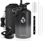 One Gallon Water Bottle Insulated, Triple Walled Vacuum Stainless Steel (Cold for 48 Hrs), Leak Proof & Non-BPA, Large Water Flask Jug with Paracord Handle & Straw Spout Lids