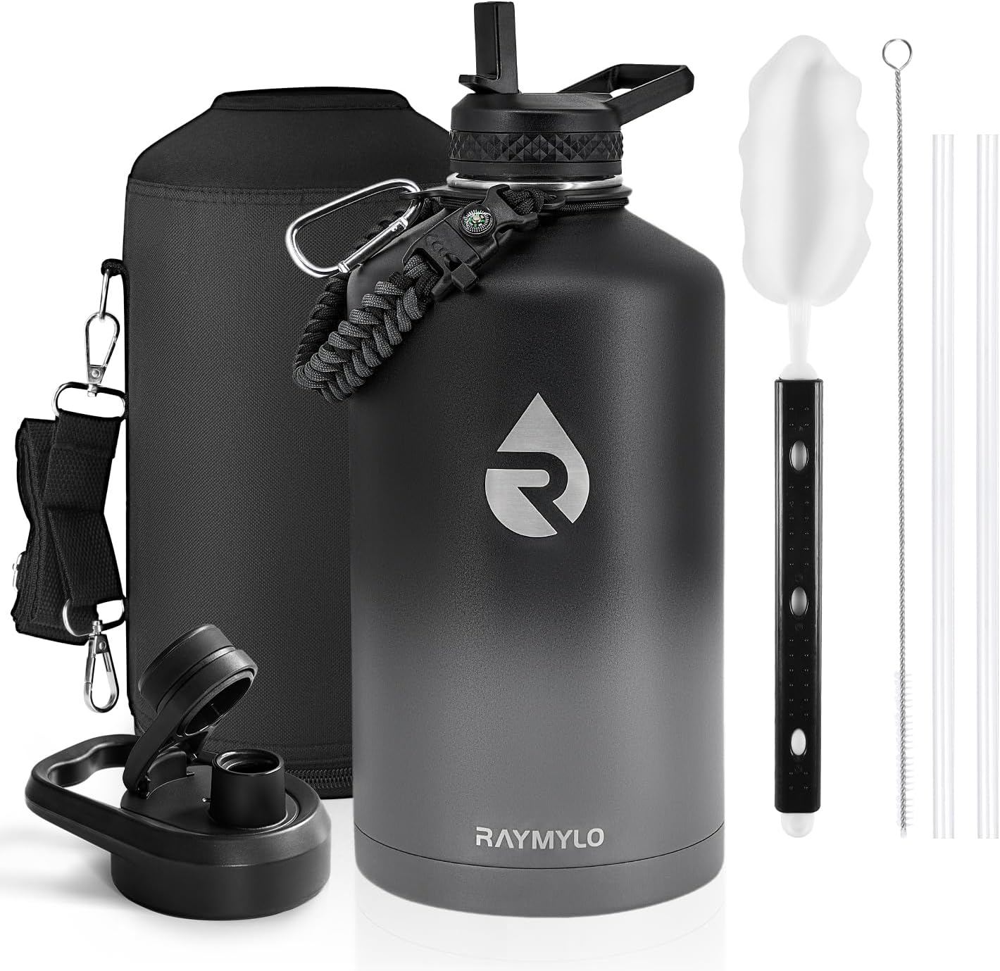 One Gallon Water Bottle Insulated, Triple Walled Vacuum Stainless Steel (Cold for 48 Hrs), Leak Proof & Non-BPA, Large Water Flask Jug with Paracord Handle & Straw Spout Lids