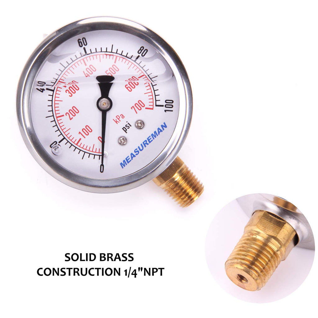 MEASUREMAN 2-1/2" Dial Size, Glycerin Filled Pressure Gauge, 0-100psi/kpa, 304 Stainless Steel Case, 1/4" NPT Lower Mount