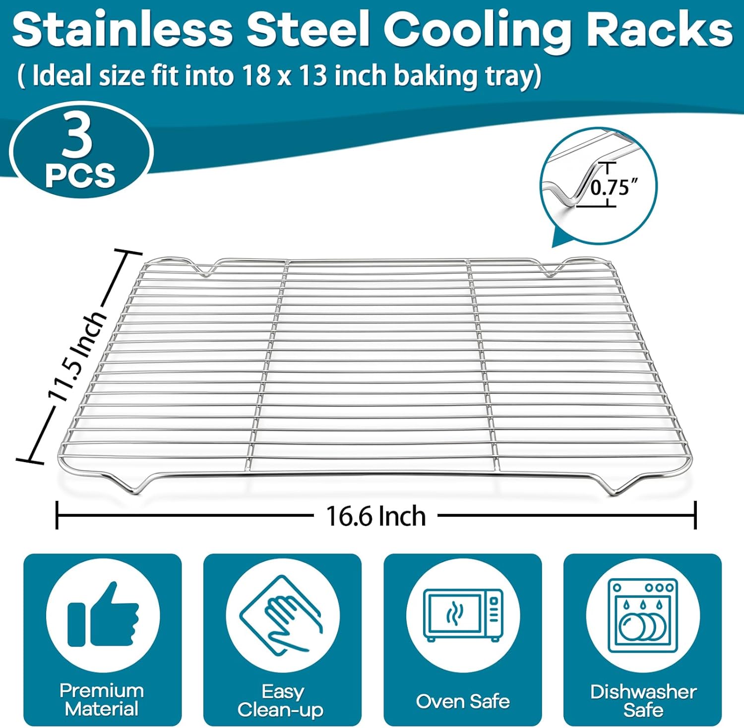 Baking Cooling Rack Set of 3, P&P CHEF Stainless Steel Cooking Roasting Drying Wire Racks, 16.6” x 11.6” Inches to Fit Half Sheet Pan, Non-toxic & Durable, Oven & Dishwasher Safe