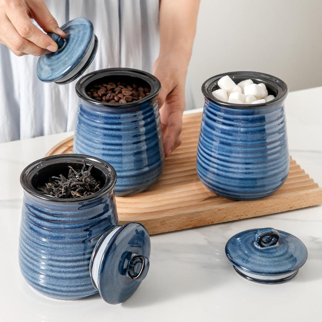 Ceramic Food Storage Jars,25 Oz Porcelain Kitchen Canisters with Airtight Lids Set of 3,Flour Containers for Countertop,Farmhouse Decor Serving Ground Coffee,Tea,Sugar,Pasta and Rice,Blue