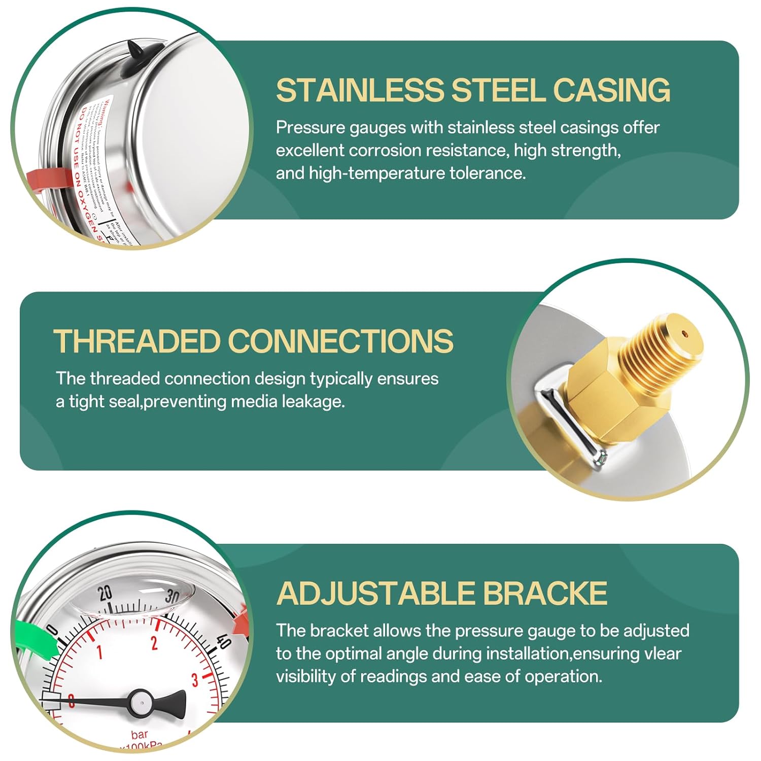 -30inHG-60PSI Stainless Steel Liquid Filled Pressure Gauge, 2.5" Dial Size, 1/8" NPT Back Mount, for Tube, Water Pump, Gas, Liquid, Pressure Test (with Range Mark Pointer)