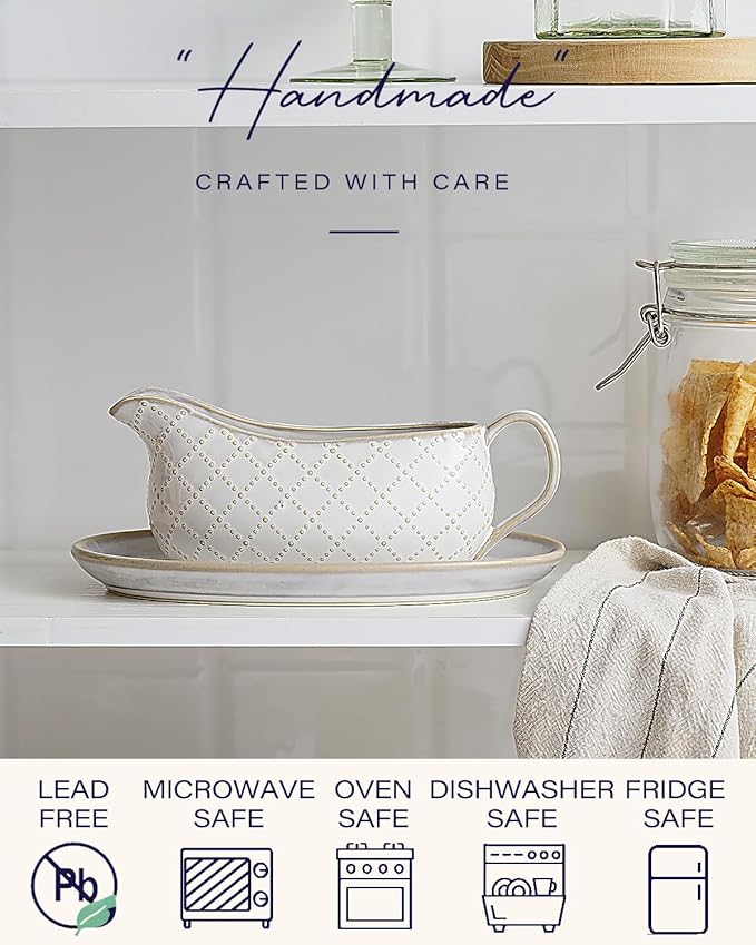 Getstar Gravy Boat with Saucer, Cranberry Sauce Dish Thanksgiving, Ceramic Gravy Dish Bowl, Microwave & Dishwasher Safe (Embossed Checks)