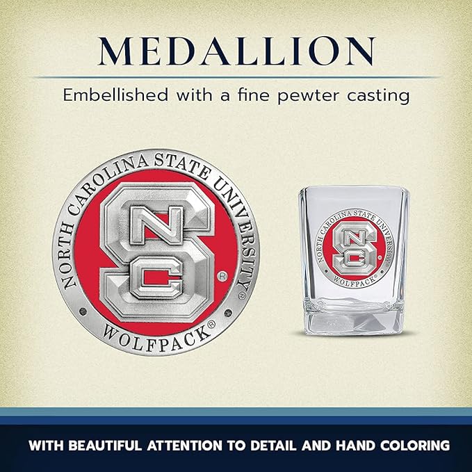 Heritage Pewter North Carolina State Square Shot Glass | Hand-Sculpted 1.5 Ounce Shot Glass | Intricately Crafted Metal Pewter Alma Mater Inlay