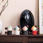 Ceramic Mini Espresso Cups Demitasse Cups with Round Wooden Handle Vertical Stripes Tea Cups (Beige&Pink, 2pcs)