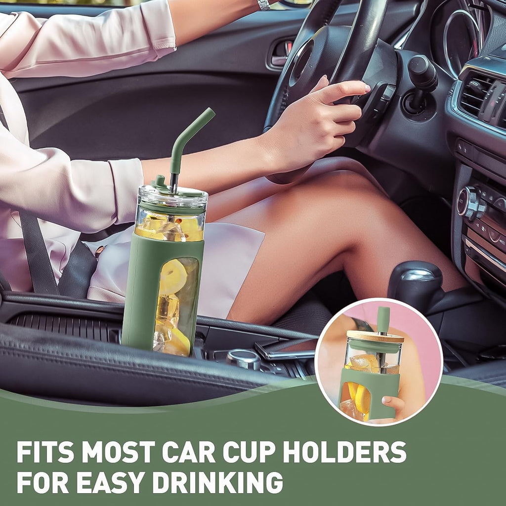 Kodrine 24oz Glass Tumbler with 2 Lids and Straws, Glass Cup With Bamboo Lid and On-the-go Lid, Reusable Iced Coffee Cup, Ideal for Smoothie, Cold Drinks, Fit Cup Holder, BPA Free (1, Olive)