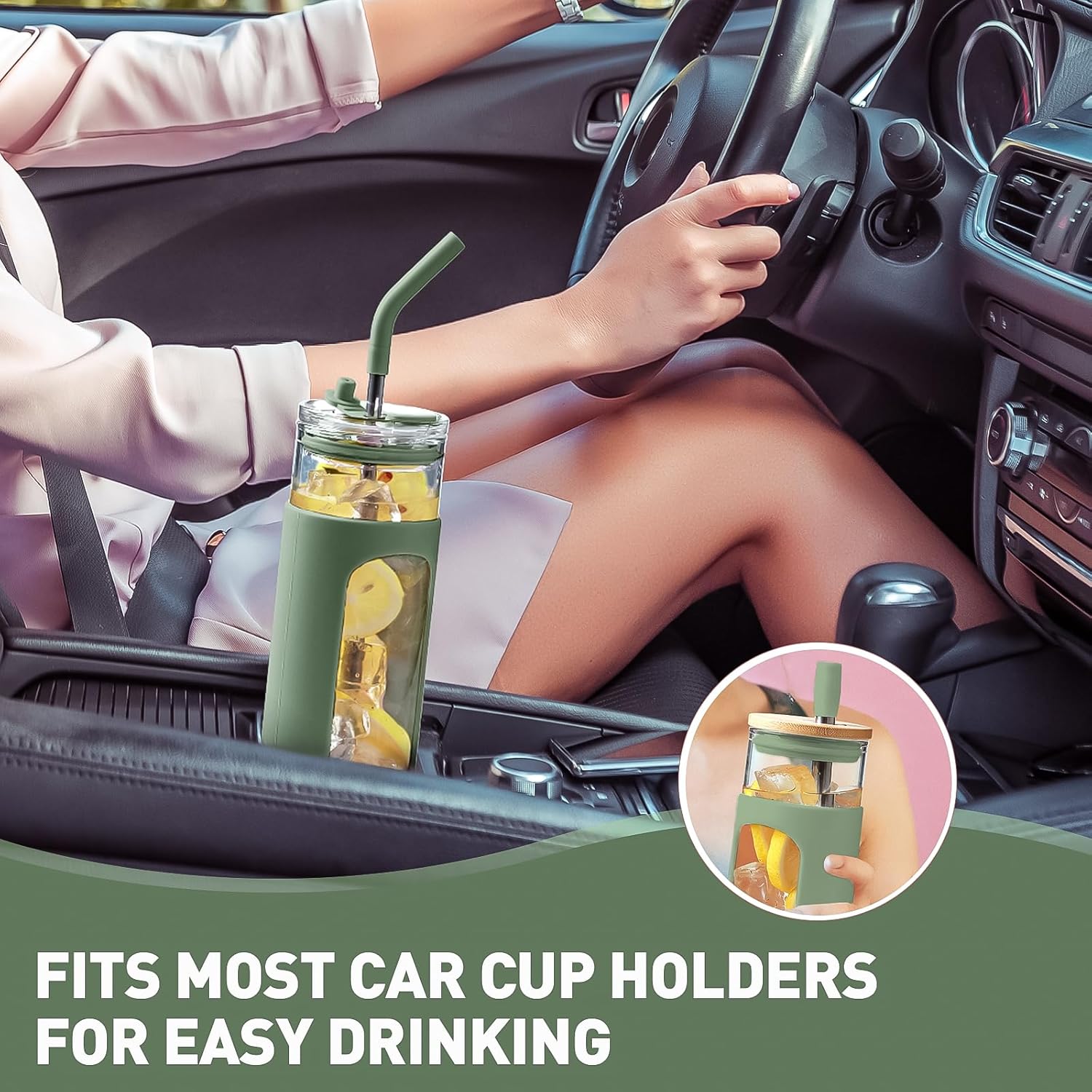 Kodrine 24oz Glass Tumbler with 2 Lids and Straws, Glass Cup With Bamboo Lid and On-the-go Lid, Reusable Iced Coffee Cup, Ideal for Smoothie, Cold Drinks, Fit Cup Holder, BPA Free (1, Olive)