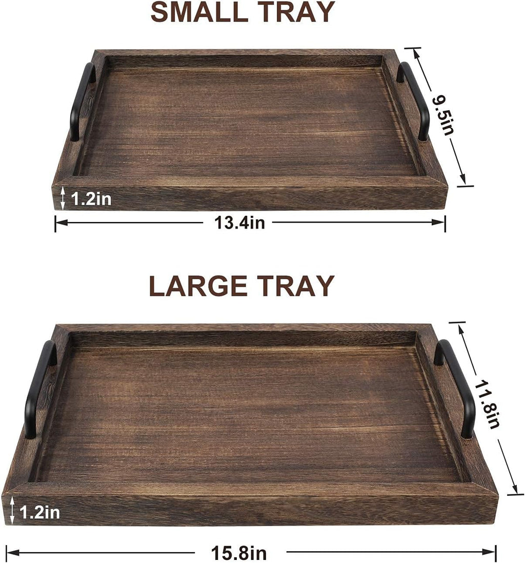LIBWYS Rustic Wooden Serving Trays with Handle-Set of 2-Decorative Nesting Food Board Platters for Breakfast, Coffee Table/Butler (Large 15.8x11.8x1.2 inches, Small 13.4x9.4 x1.2 inches)