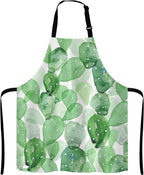 Cute Watercolor Cactus Adjustable Bib Apron, Succulent Olive Green Botanical Cooking Kitchen Apron for Men Women