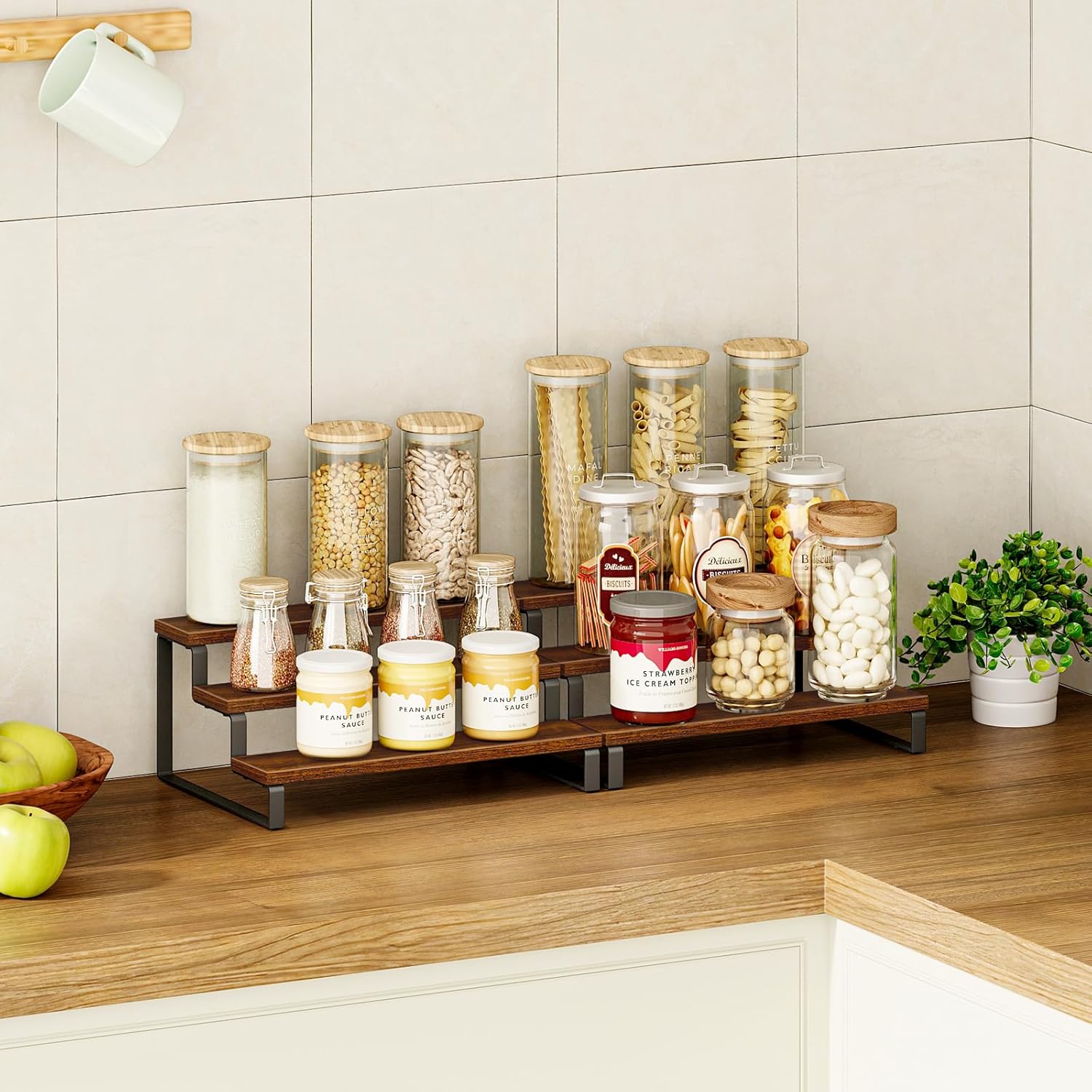 Giikin 3-Tier Spice Rack, 13.8 Inch Wood Countertop Spice Storage Holder, Kitchen Pantry Cabinet Organizer Cupboard for Spice Bottles, Jars, Seasonings, Baking Supplies, Metal Frame(Set of 2)