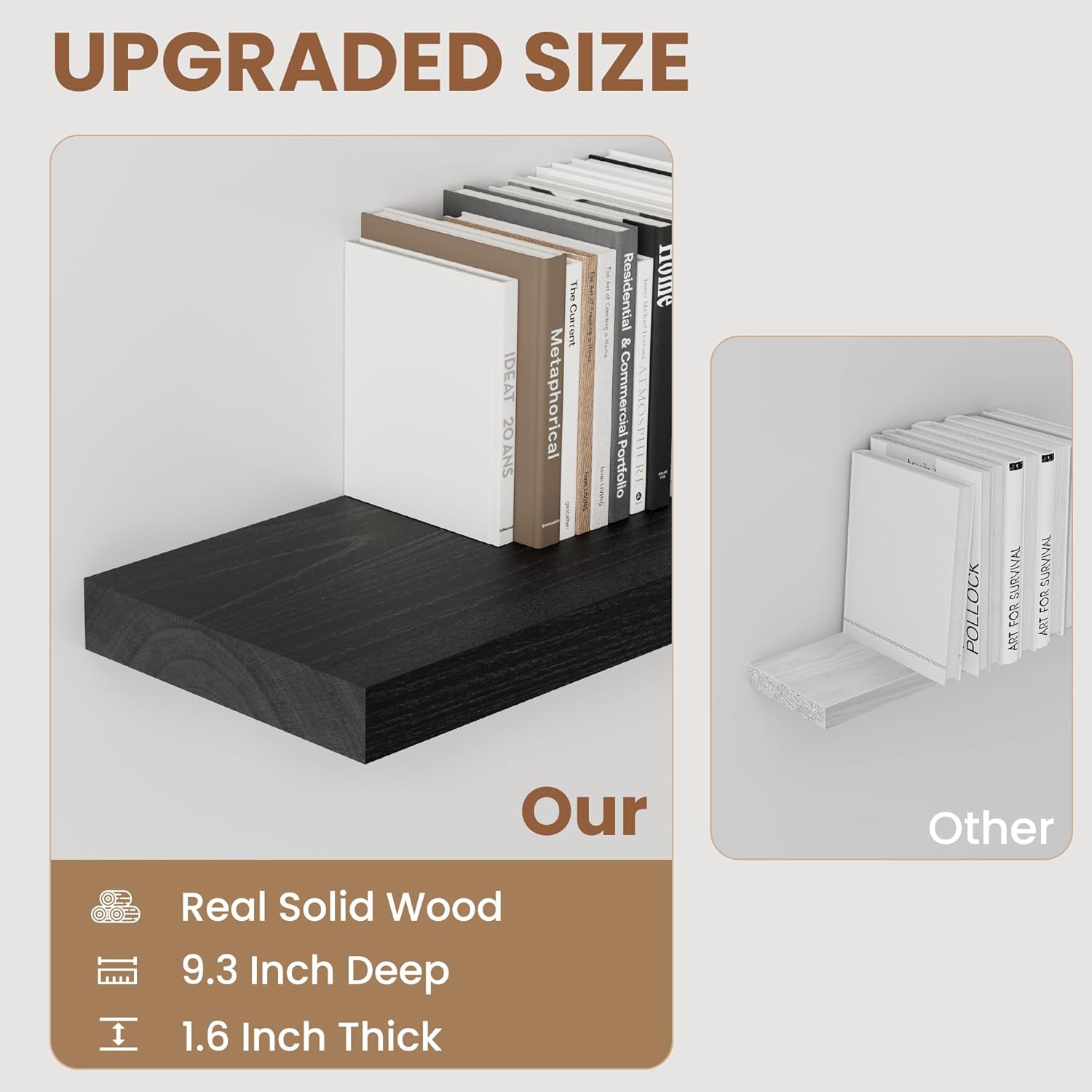 9.3 Inch Deep Floating Shelves, Black Solid Wood Floating Shelf Wall Mounted, 36 x 9 Large Display & Storage Shelves for Books, Living Room, Bathroom, Rustic Wooden Wall Shelves, Heavy-Duty, Set of 2