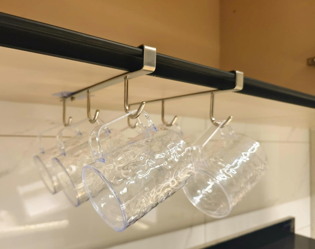 Mug Hooks Under Cabinet , 304 Stainless Steel Cup Hooks for Hanging Under Shelf, Mug Organizer Rack with 6 Hooks for Displaying Mugs, Coffee Cups and Kitchen Utensils,Fit for 0.8" or Less thickness