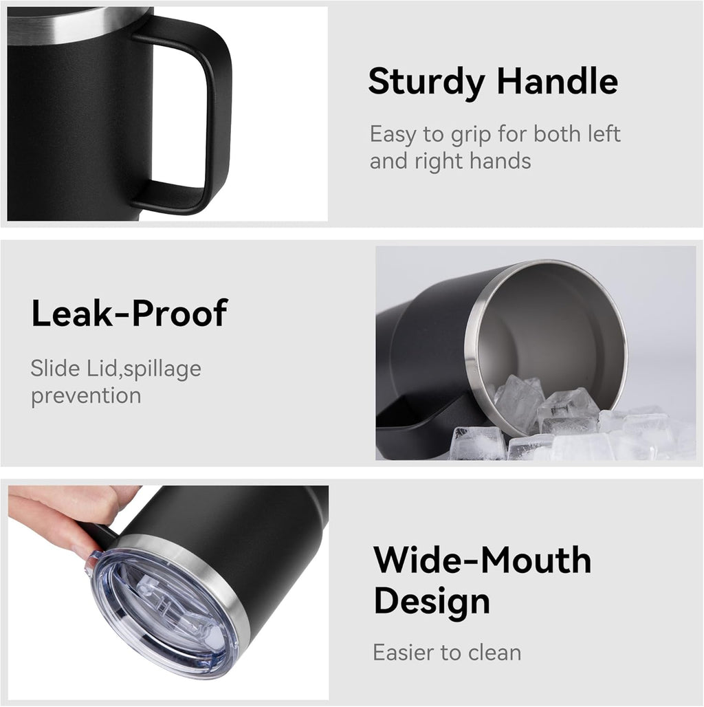 HASLE OUTFITTERS 20oz Tumbler with Lid, Stainless Steel Tumbler with Handle, Metal Insulated Travel Coffee Mug with Handle, Double Wall Vacuum Spill Proof Tumbler Cup, Black 1 Pack