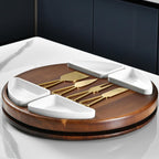 Shanik Upgraded Lazy Susan Cheese Cutting Board Set - Round Acacia Charcuterie Board With 4 Ceramic Bowls - Wedding Gifts - Cheese Serving Platter - Bridal Shower