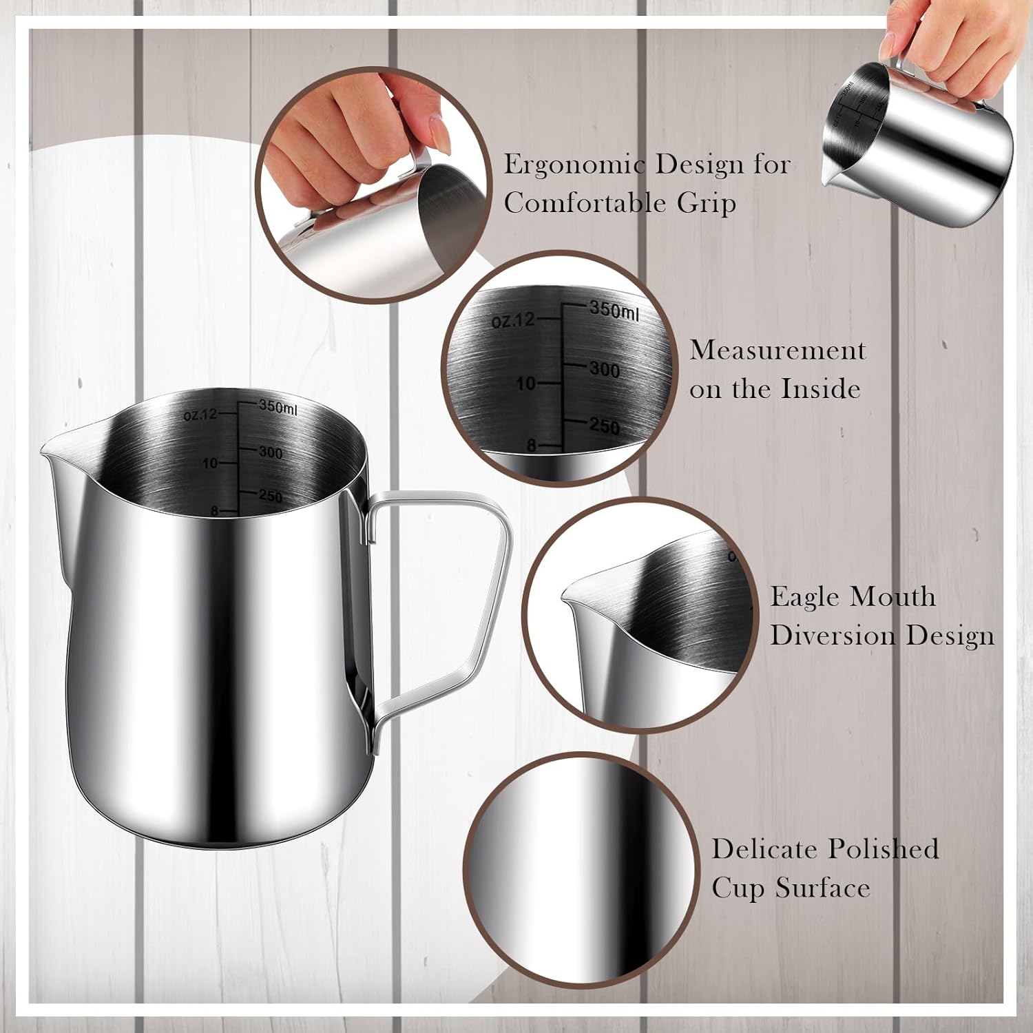 Dandat 8 Pcs Milk Frothing Pitcher Espresso Steaming Pitchers 12 Oz Stainless Steel Milk Steamer Cup Frother Jug for Espresso, Latte Art, Chai Cappuccino Hot Chocolate