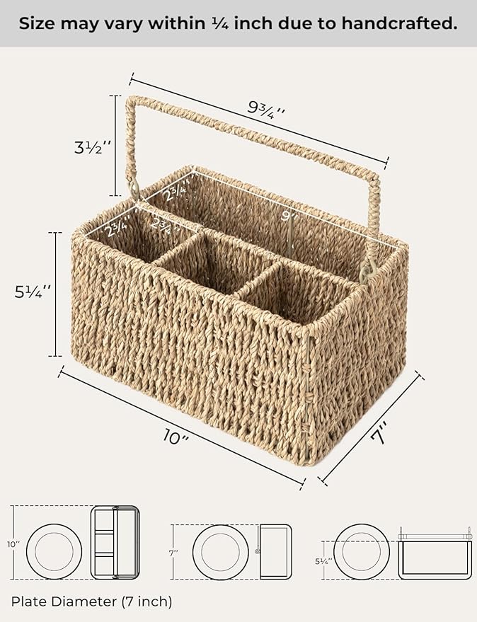 StorageWorks Wicker Flatware Organizer, Hand Woven Seagrass Cutlery Holder for Countertop with Handle, 1 Pack