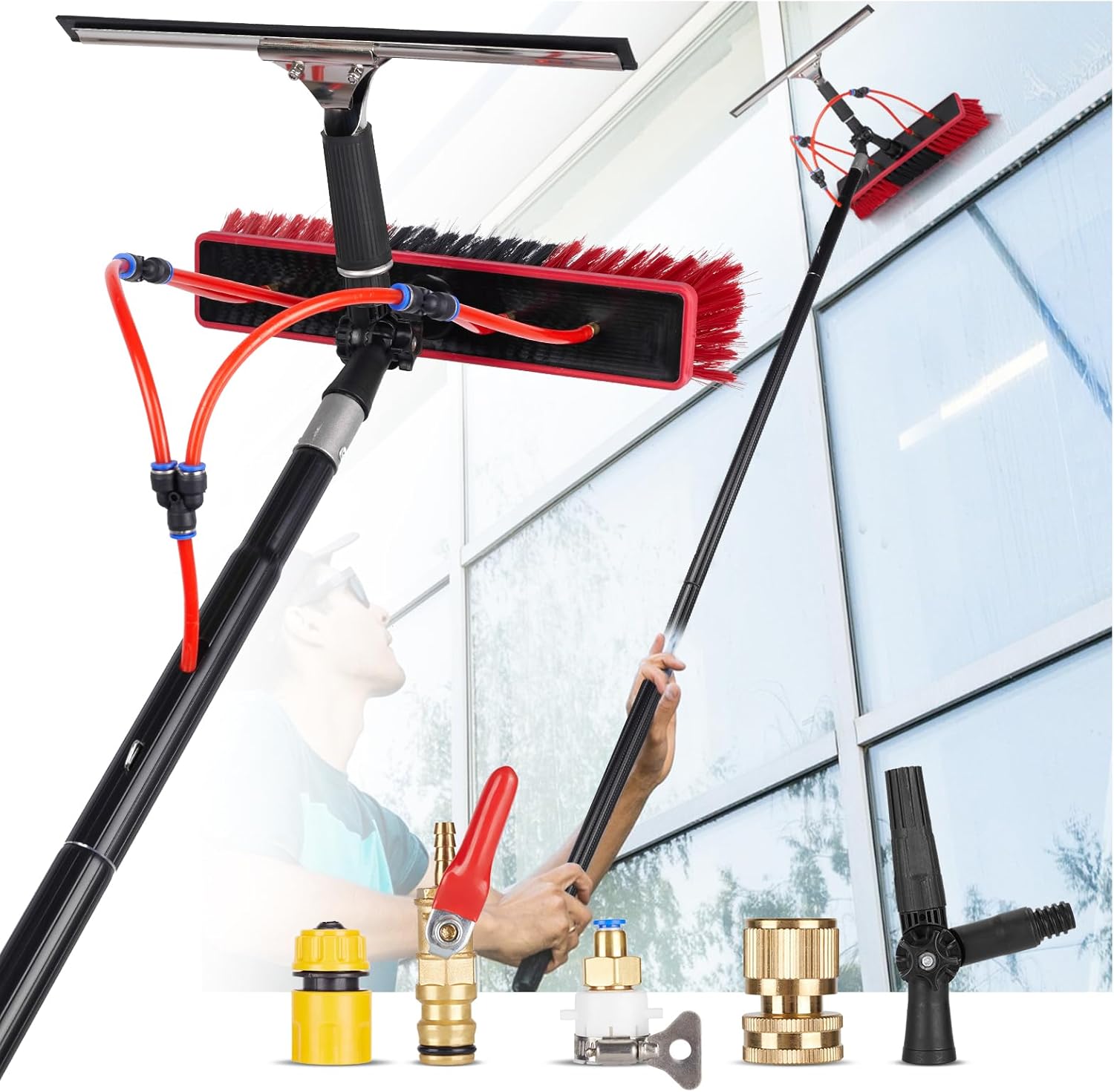 40ft Water Fed Pole Kit, Rotatable Solar Panel Cleaning Brush & Squeegee, 2 Dusting Brushes, Extendable Black Lightweight Pole for Roof Window
