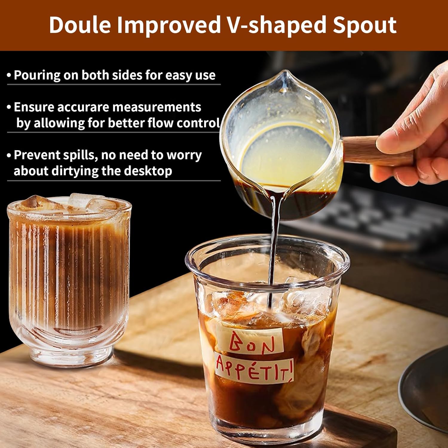 YARRAMATE 3oz Espresso Cups with Wood Handle (2 pack), Clear Glass Espresso Accessories, Double Spout Glass Measuring Cup with Dual Scale, Espresso Shot with V-Shaped Spout