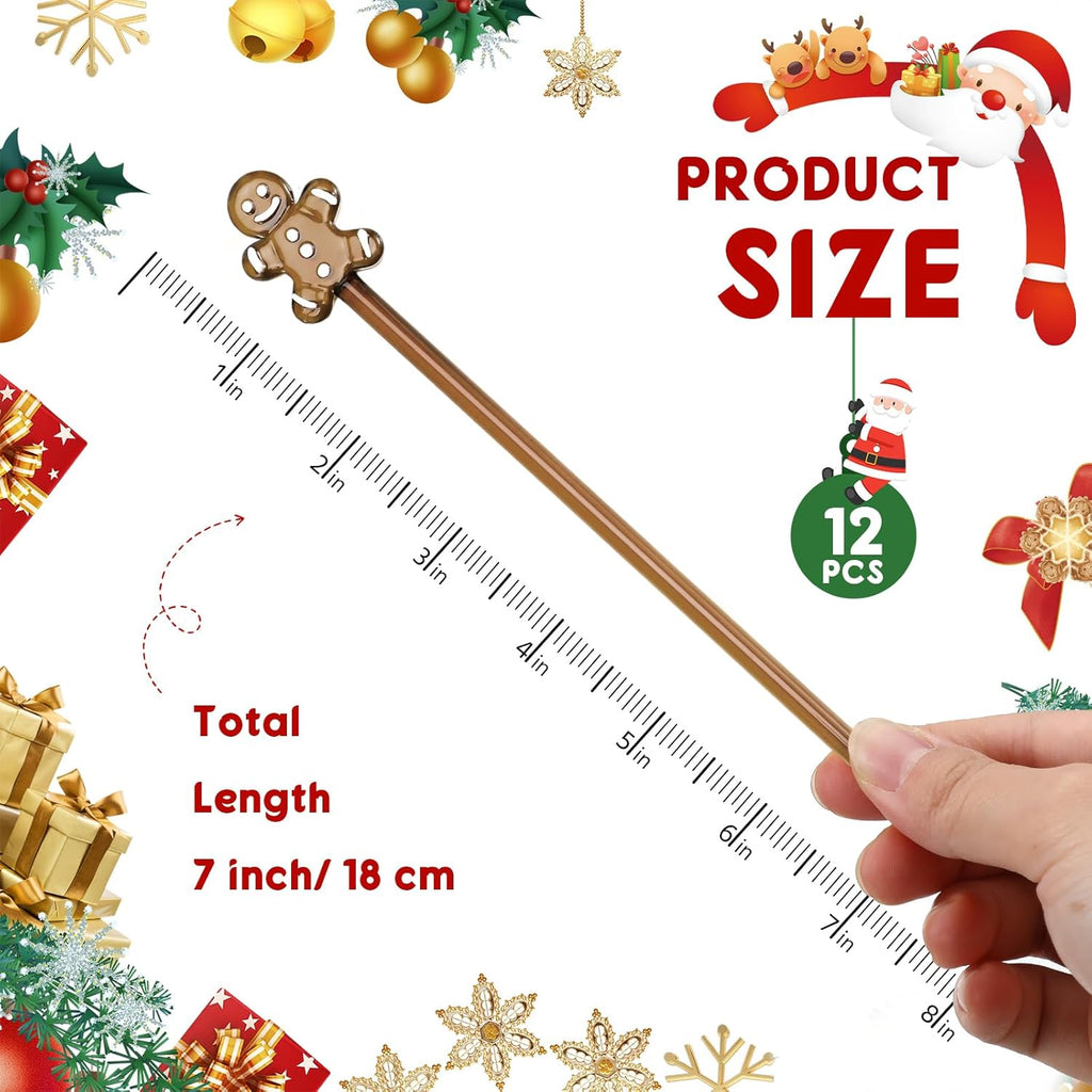 12 Pcs Christmas Glass Drink Stirrers 7 Inch Xmas Stir Sticks Reusable 3D Coffee and Cocktail Stirrers Hot Cocoa Bar Supplies for Holiday Party Favors (Gingerbread Man)