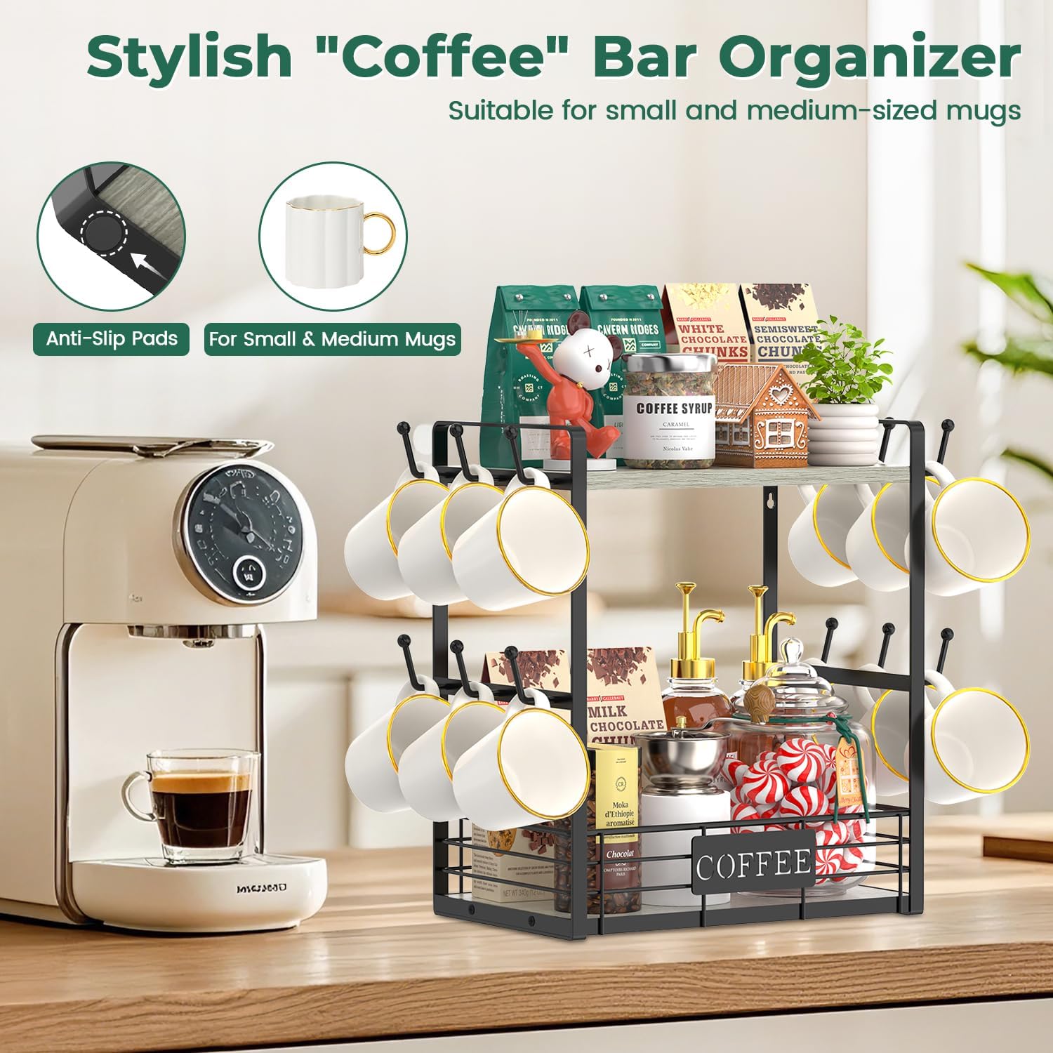 EsLuker.ly Coffee Mug Cup Holder Stand Bar Station Organizer for Countertop, Multi-Functional 2 Tier Mug Tree Rack for Kitchen, Storage Shelf with 12 Hooks, Light Grey-Black(Patented Design)