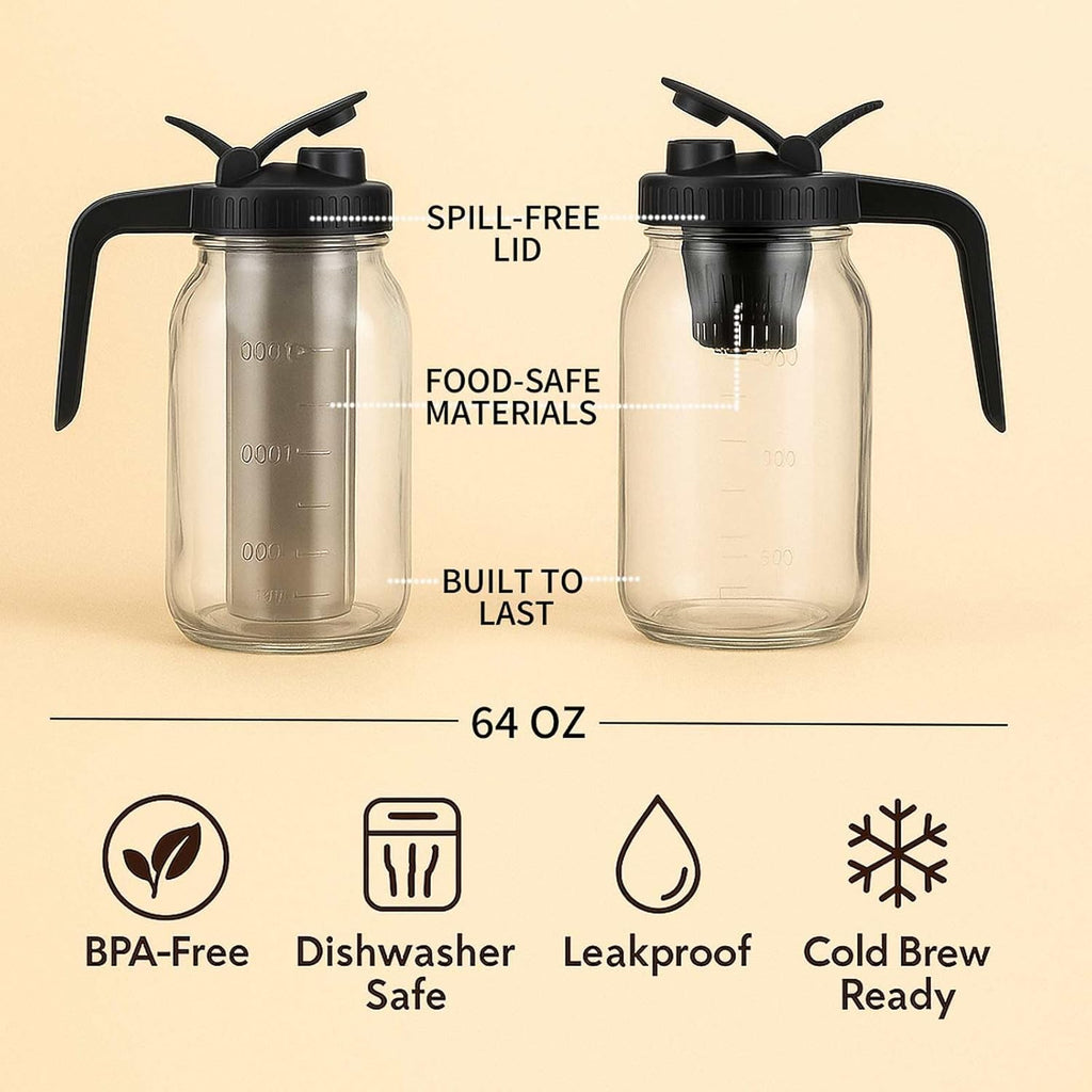 Cold Brew Coffee Maker 64OZ Marson Jars Wide Mouth Glass Picther Spout Lid with Stainless Steel Filter,Leakproof Maker for Iced Tea,Espresso,Lemonade-Black