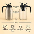 Cold Brew Coffee Maker 64OZ Marson Jars Wide Mouth Glass Picther Spout Lid with Stainless Steel Filter,Leakproof Maker for Iced Tea,Espresso,Lemonade-Black