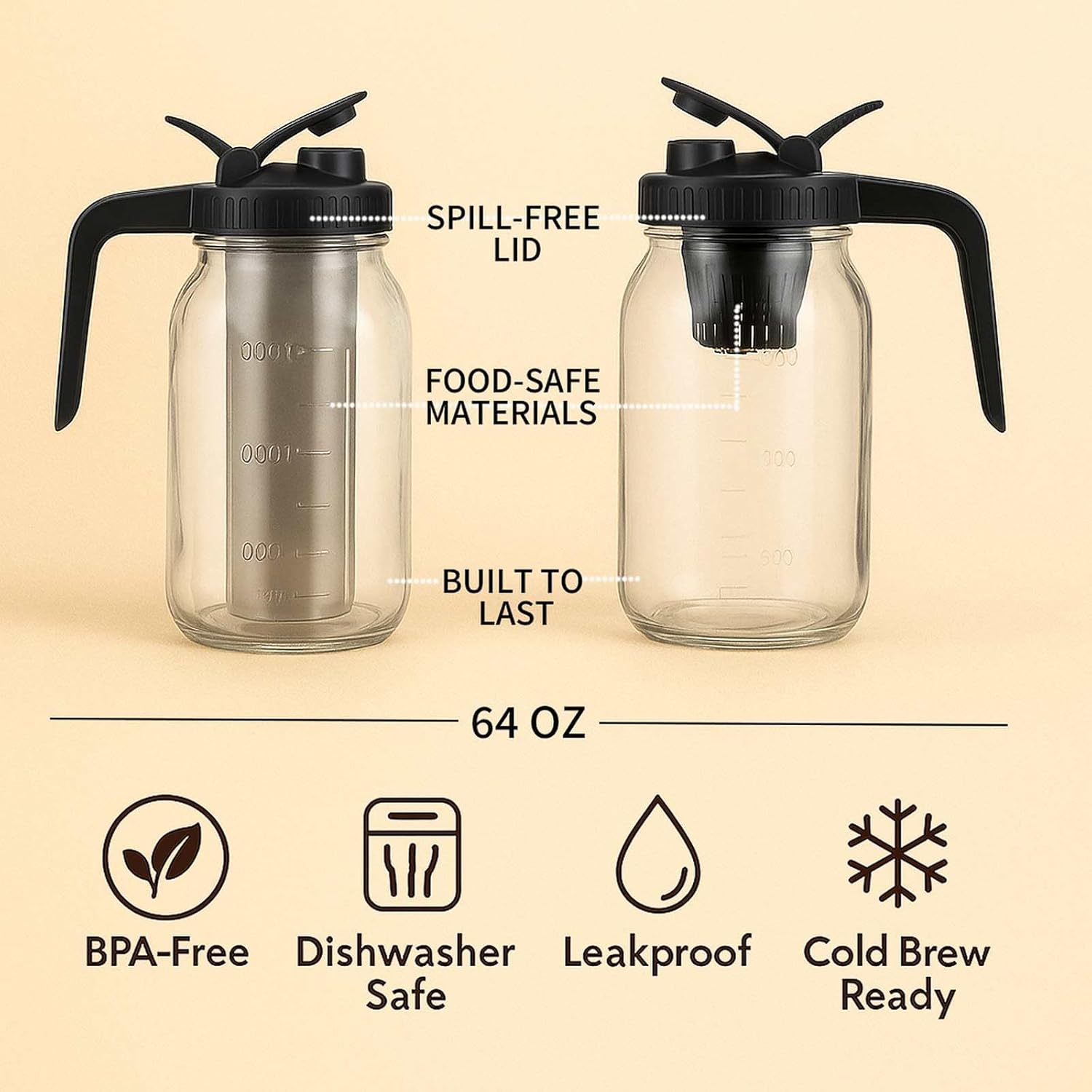 Cold Brew Coffee Maker 64OZ Marson Jars Wide Mouth Glass Picther Spout Lid with Stainless Steel Filter,Leakproof Maker for Iced Tea,Espresso,Lemonade-Black