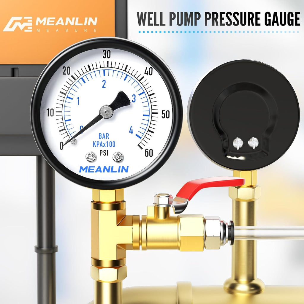 MEANLIN MEASURE 0-60Psi Well Pump Pressure Gauge 1/4" NPT 2" FACE DIAL for Pool Filter Pump Water Oil Air Compressor Tire Pressure Tester Lower Mount, with Teflon Tape