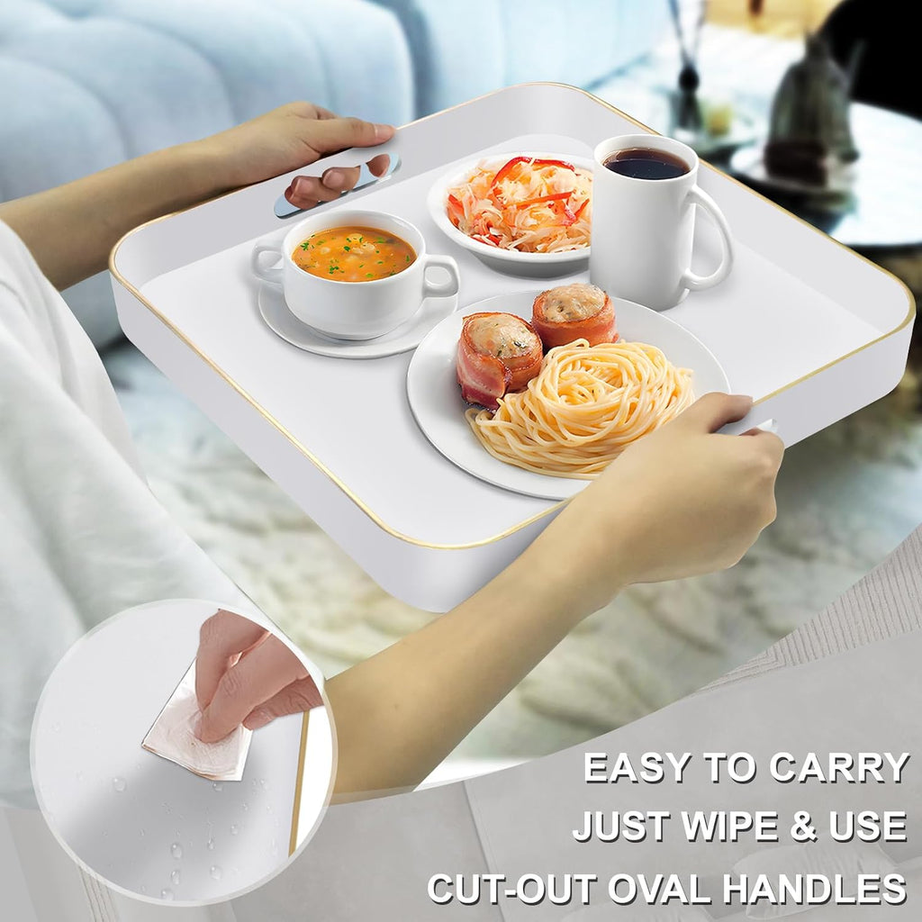 MAONAME 13" White Decorative Tray, Serving Tray with Metal Handles, Square Plastic Trays for Ottoman, Modern Coffee Table Trays for Living Room, Bathroom