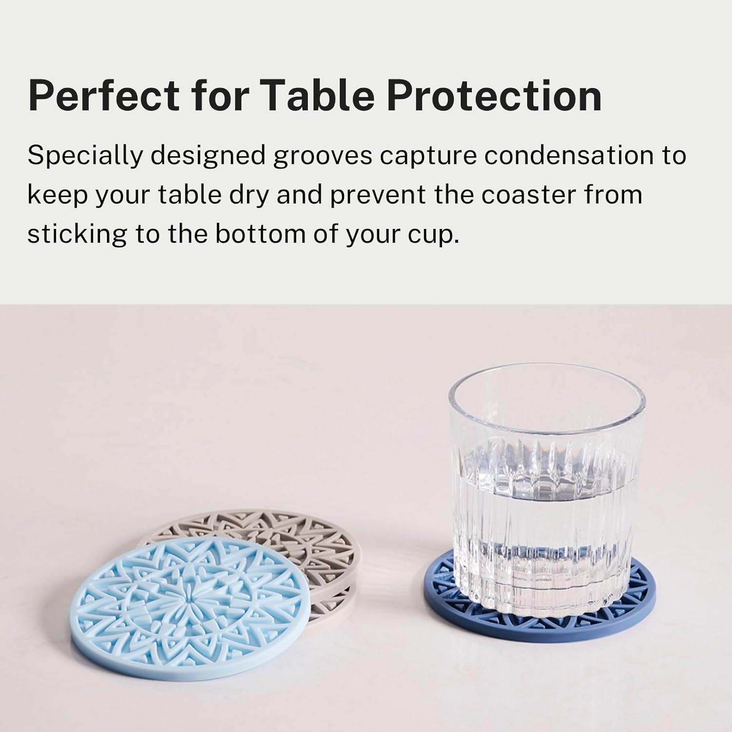 Set of 6 Baby Blue Silicone Coasters with Holder, Drink Coasters with Tribal Pattern Shape- for Table Protection, Anti Slip, Nonstick, Heat Resistant, Deep Tray