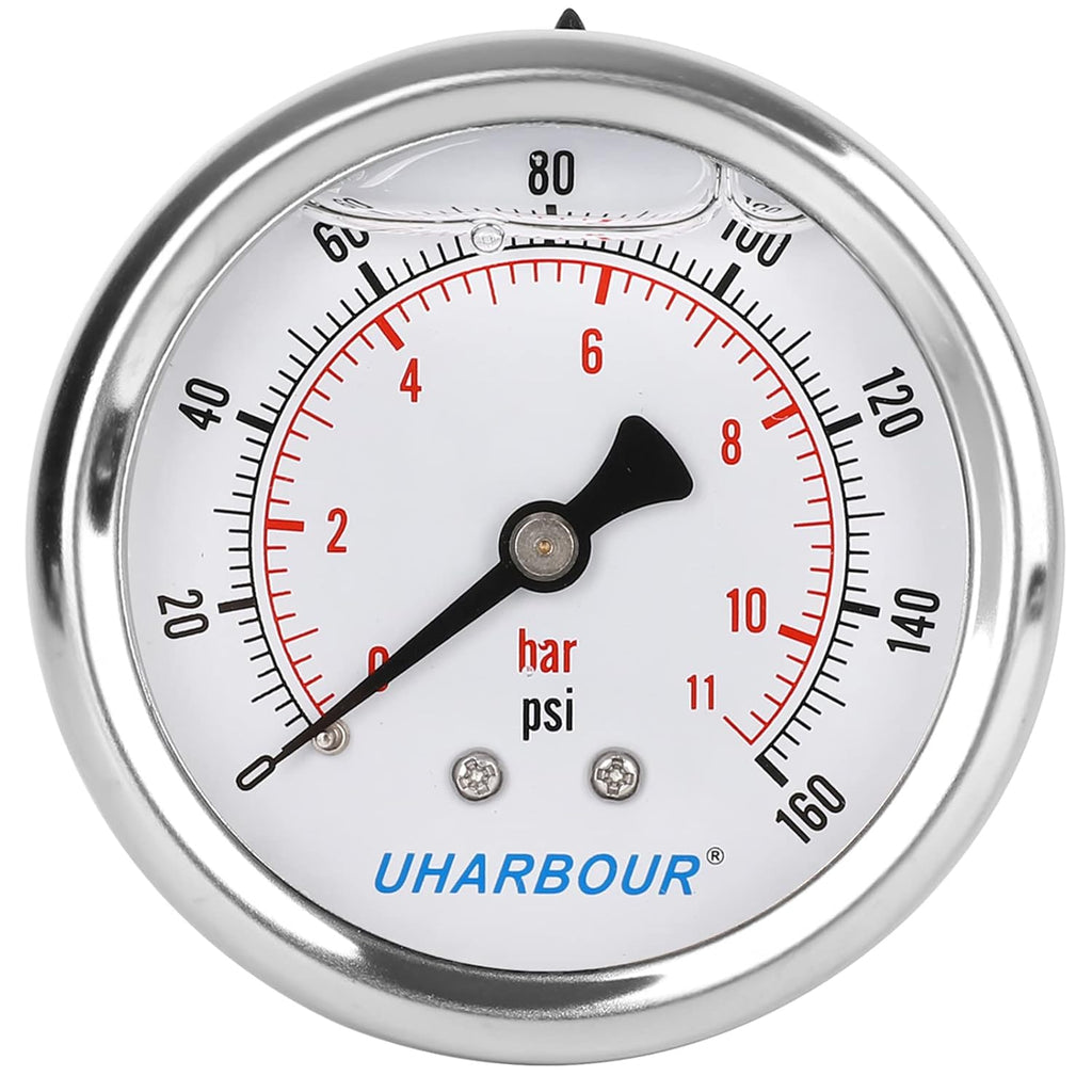 Glycerin Filled Pressure Gauge 160psi/11bar, Stainless Steel case, Brass Inside Construction, 2-1/2" dial, 1/4" NPT Back Connection.…