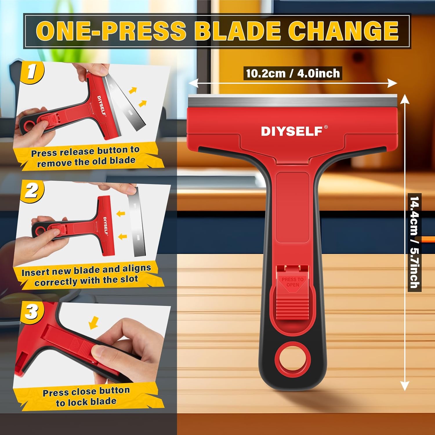 DIYSELF Razor Blade Scraper, 1 Pack Scraper Tool with 10pcs 4-Inch Blades, Razor Scraper for Cleaning Glass, Window, Stove Top, Oven, Kitchen, Cooktop, Shower Door, Sticky Residue, Tile, Wallpaper