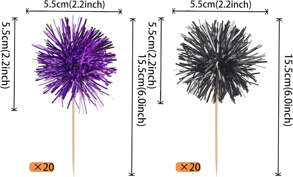 40 PCS Foil Firework Cupcake Toppers Sparkle Tinsel Cupcake Picks Fireworks Birthday Party Decorations Cocktail Fruit Toothpick for Birthday Wedding Graduation Party Decorations Supplies Black Purple
