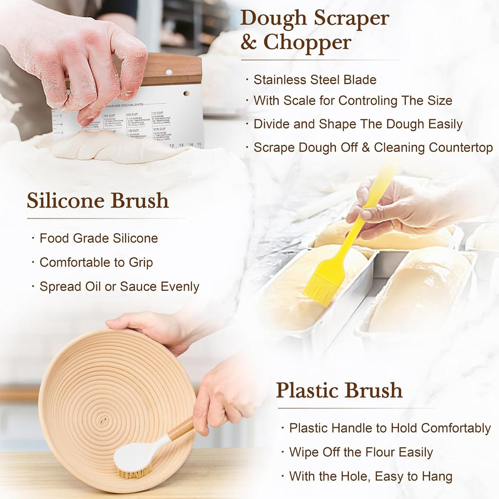 TeamFar Sourdough Bread Baking Supplies, 9” Round and 10” Oval Sourdough Starter Kit, Proofing Basket Set with Cloth Liner, Bread Lame, Whisk Dough, Bowl Scraper, Brush