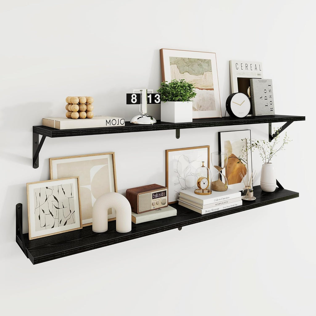 Dreamland Deep Floating Shelves for Wall, 48W x 8D Wall Mounted Shelves Set of 2, Wide Display Ledge Shelf with Sturdy Metal Brackets for Living Room, Bathroom, Bedroom and Kitchen, Black