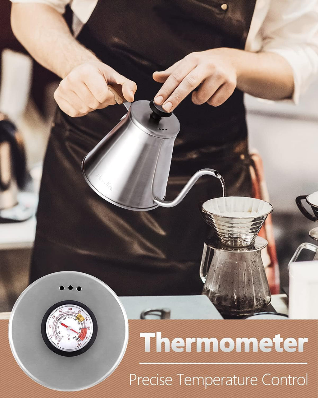 Harriet Gooseneck Kettle with Thermometer for Pour Over Coffee and Tea, 37 fl oz, Stainless Steel, Durable 3-Layer Base, Ideal Spout for Precision Pouring, Compatible with all Stove Tops