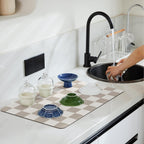 Checkered Dish Drying Mat for Kitchen Counter, Coffee Bar Station Accessories, Retro Cute Aesthetic Modern Absorbent Drainer Mat Kitchen Drying Mat Easy Clean, Khaki 12" x 19"